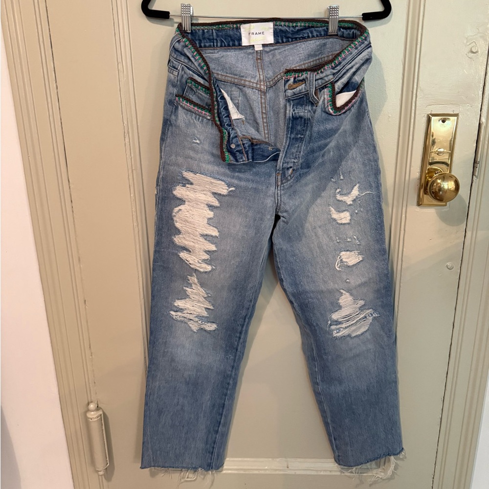 Frame Denim Light Blue Distressed Cropped Jeans